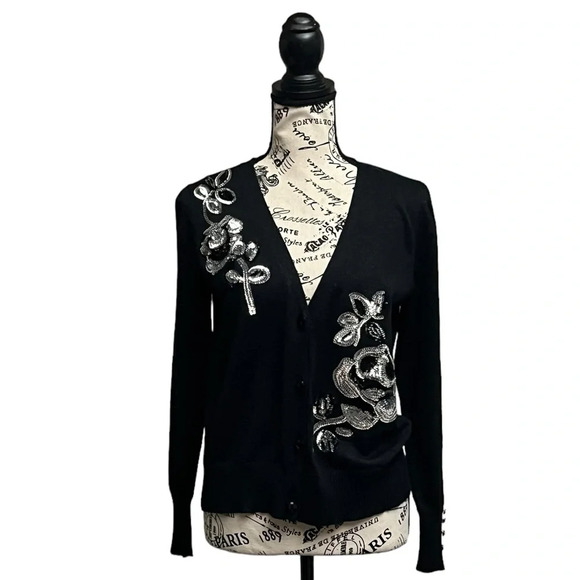 VINTAGE ONCE AGAIN SEQUIN CARDIGAN BLACK LONG SLEEVE MODEST MATURE GRAMMACORE M - Picture 1 of 9